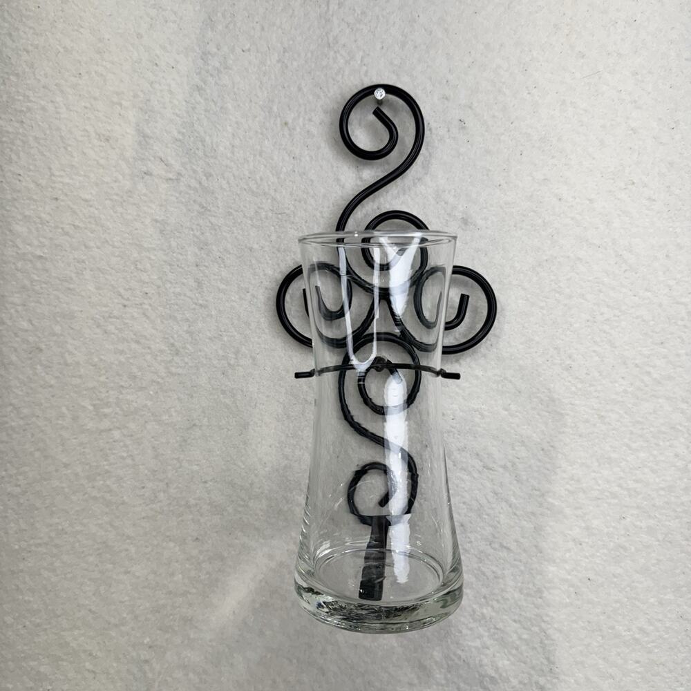 Black Wrought Iron Swirl Scrollwork Wall-Mounted Clear Glass Flower Vase Insert
